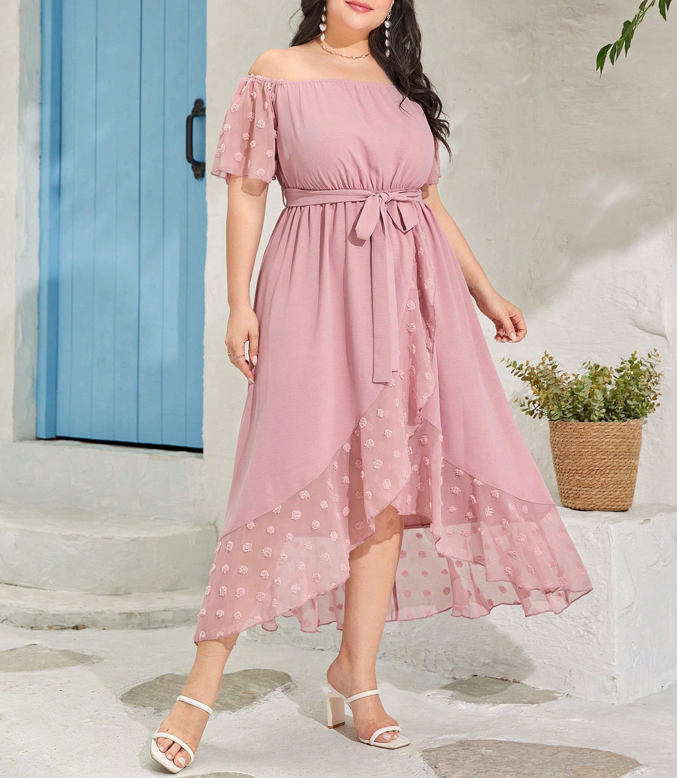 Beautiful off Shoulder Dress in dusty rose with flutter sleeves, tie waist, and embroidery