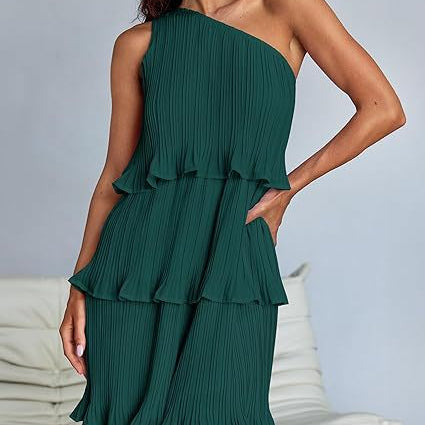 Emerald green stunning shoulder layered stitching hem pleated sleeveless dress displayed