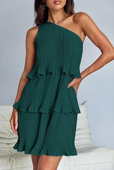 Emerald green stunning shoulder layered stitching hem pleated sleeveless dress displayed