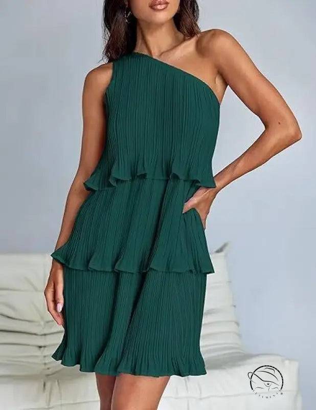 Emerald green stunning shoulder layered stitching tiered dress