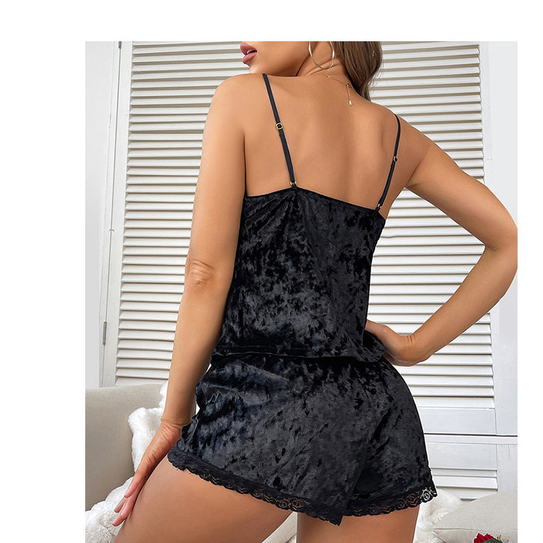 Black crushed velvet camisole and shorts pajama set with lace trim, part of velvet comfortable pajamas collection