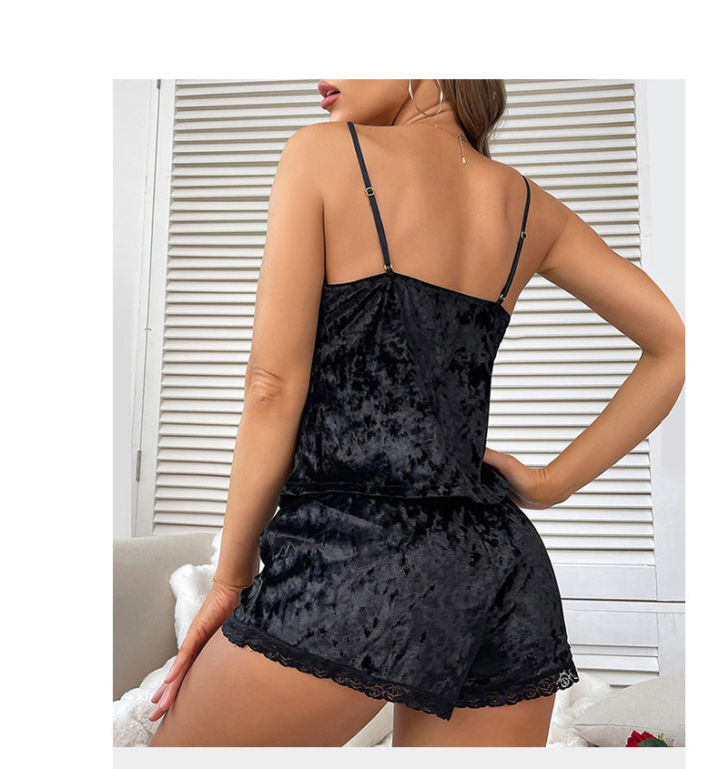 Black crushed velvet camisole and shorts pajama set with lace trim, part of velvet comfortable pajamas collection