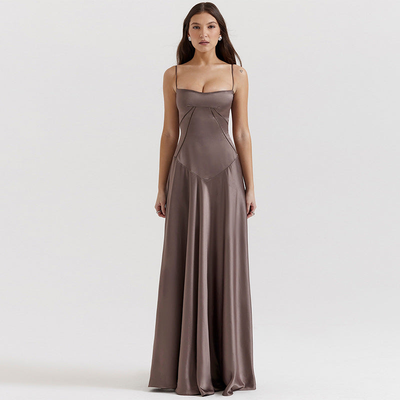 Sleeveless brown satin gown in Beautiful Backless Evening Dress showcasing elegant langry fashion
