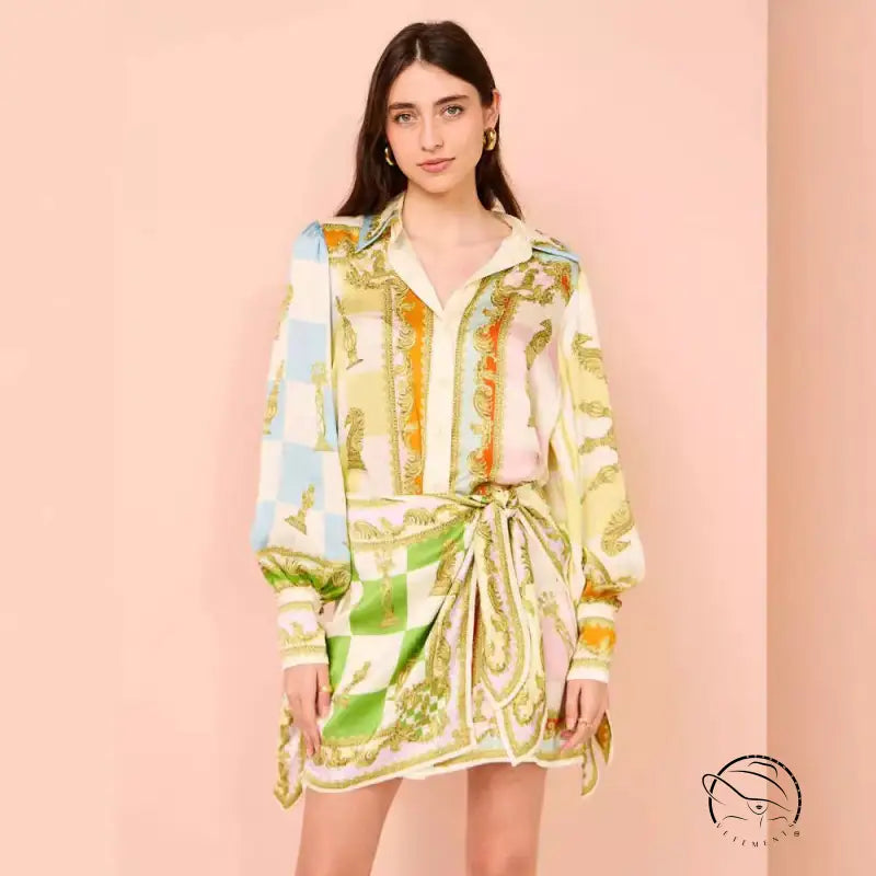 Lantern Sleeve Positioning Print Holiday Casual Dress