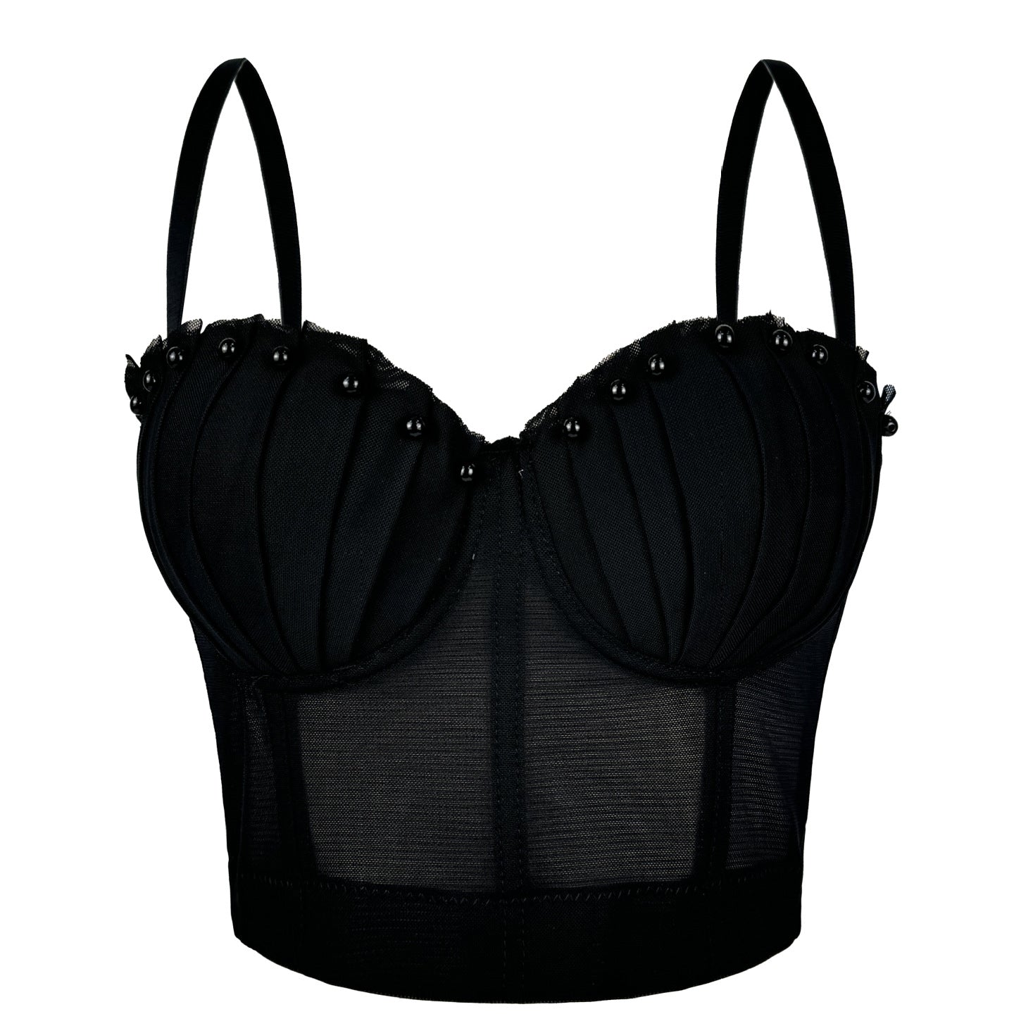 Black mesh corset top by Langry fashion with beaded details and adjustable straps