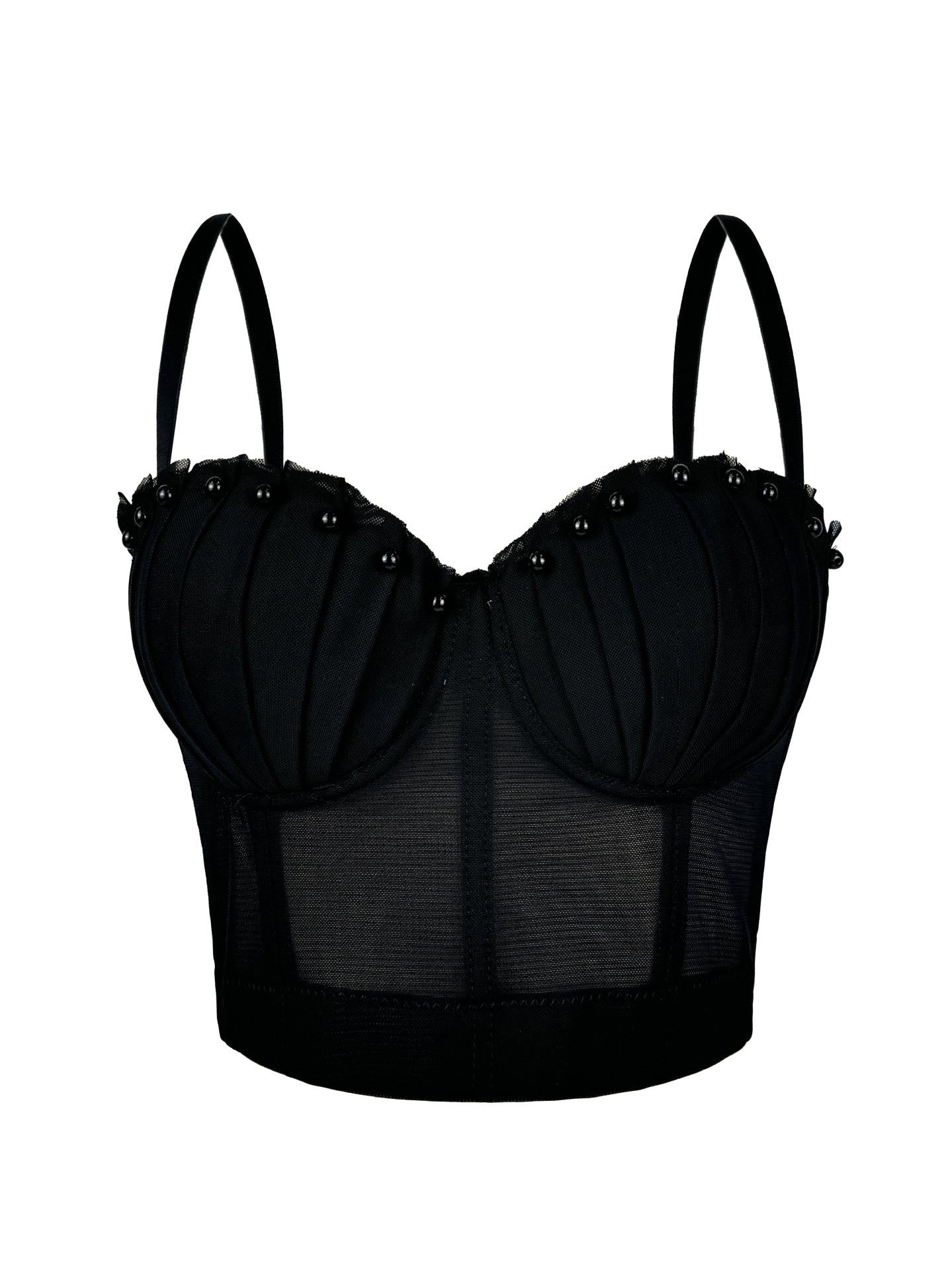 Black mesh corset top by Langry fashion with beaded details and adjustable straps