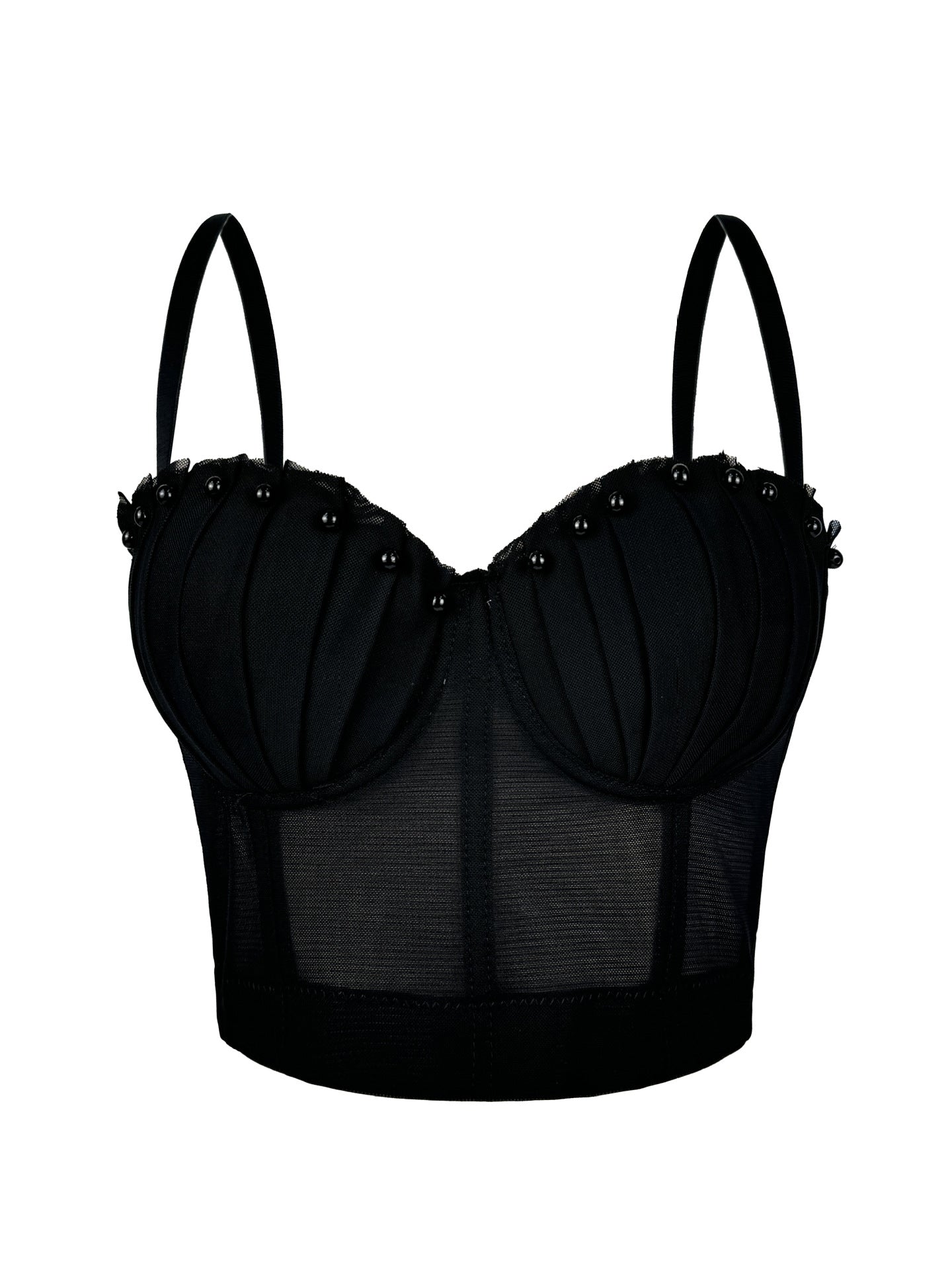 Black mesh corset top by Langry fashion with beaded details and adjustable straps