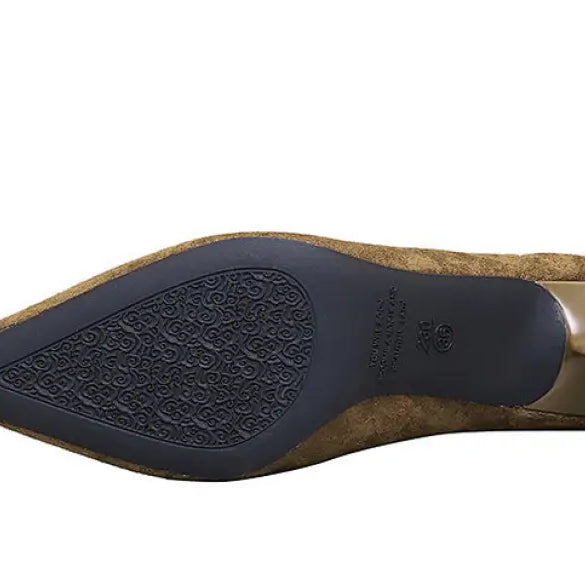 Brown suede pointed-toe flat with black rubber sole by Tory Burch, langry fashion