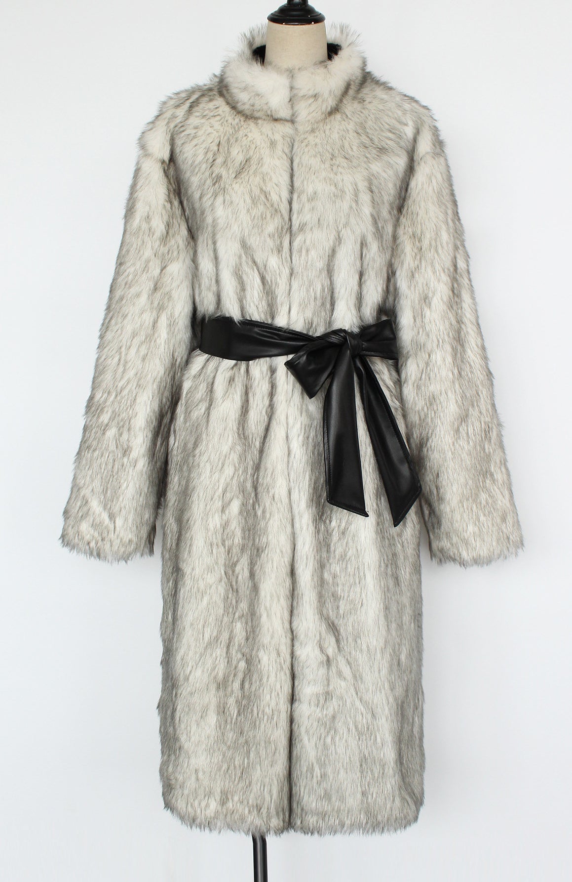 Long faux fur overknee thickened coat in light gray with satin belt