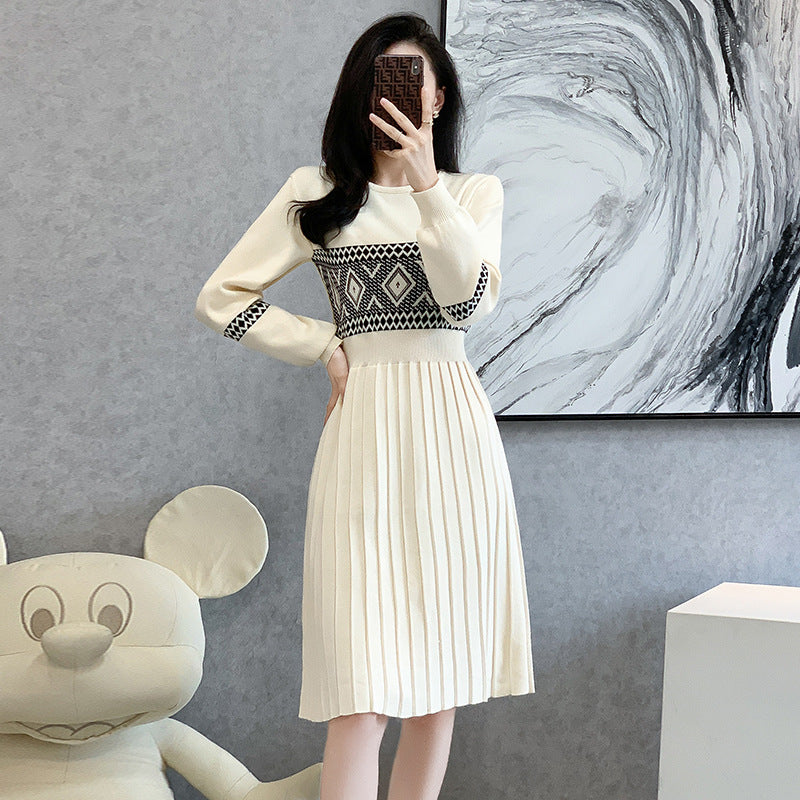 Cream-colored long-sleeved pleated classic knitted dress perfect for elegant occasions
