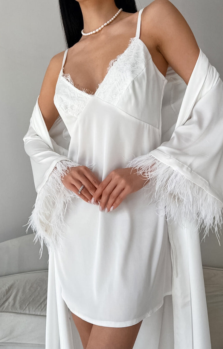 White silk slip dress and feather-trimmed robe from Comfortable Loose HomeWear Sets, ملابس