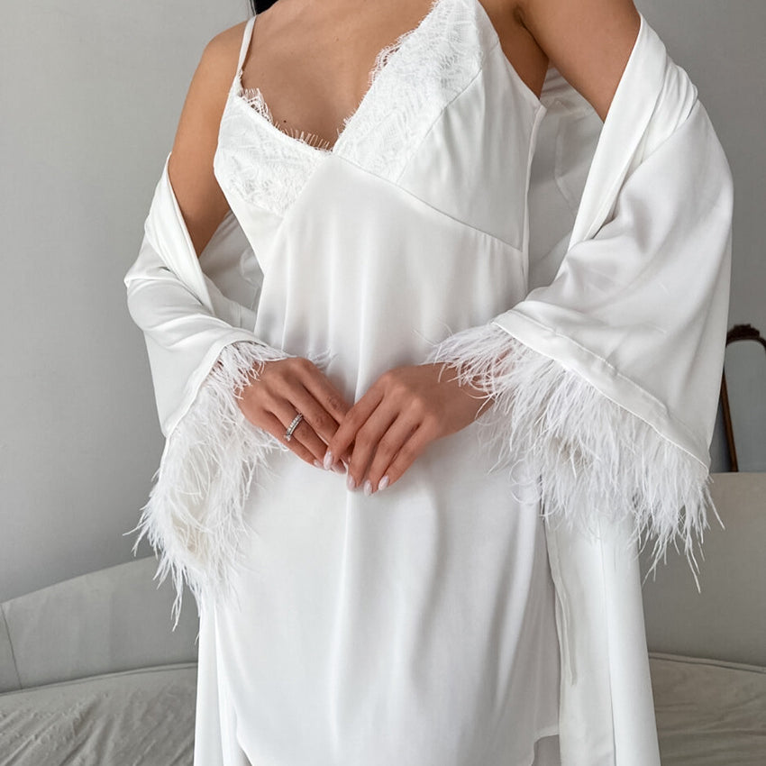 White silk slip dress and feather-trimmed robe from Comfortable Loose HomeWear Sets, ملابس