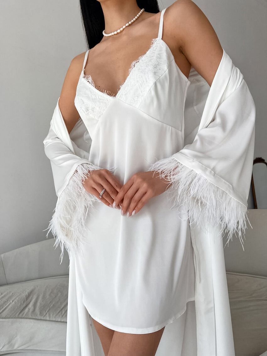 White silk slip dress and feather-trimmed robe from Comfortable Loose HomeWear Sets, ملابس