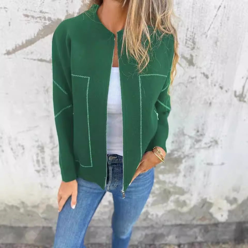 Green zip-up jacket with white stitching from Casual Zipper Solid Color Jacket collection, stylish ملابس