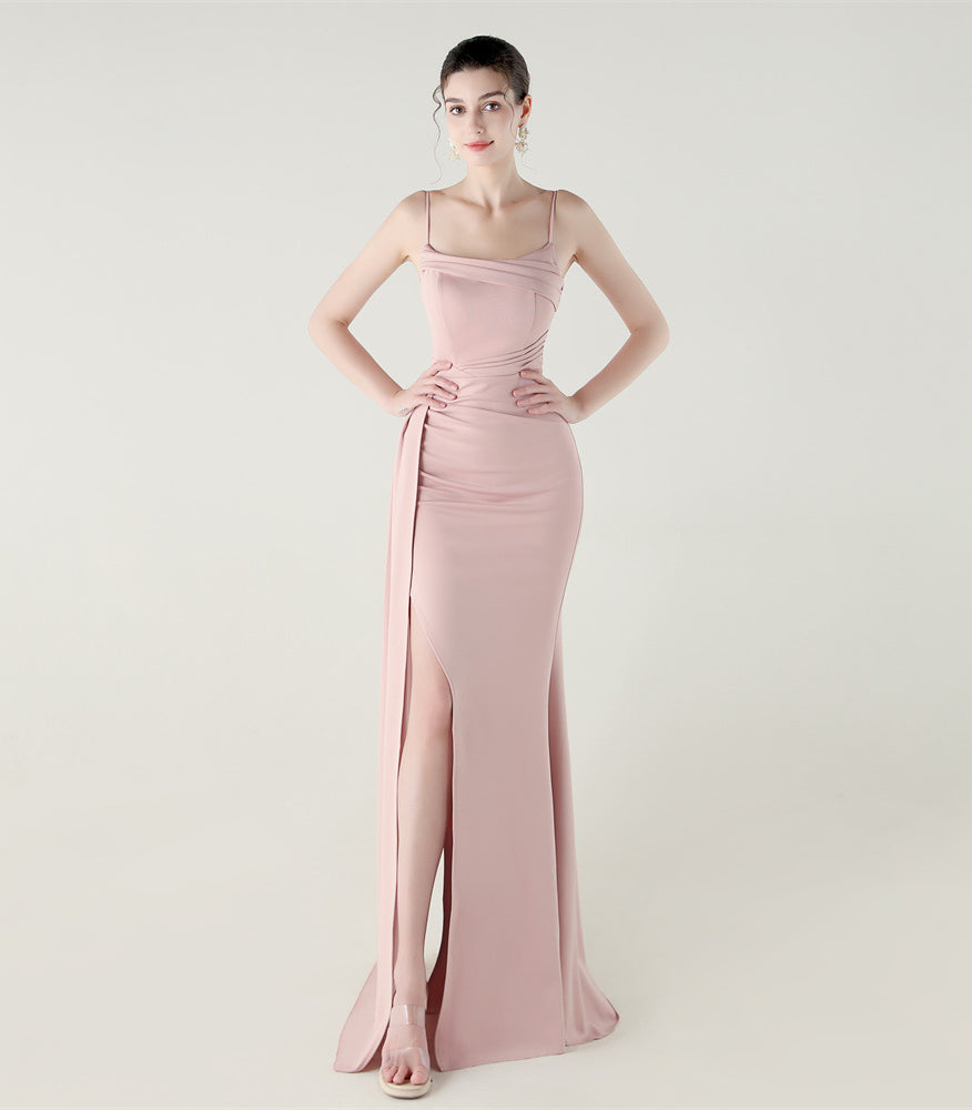 Elegant blush-pink satin gown with high slit, langry fashion dress