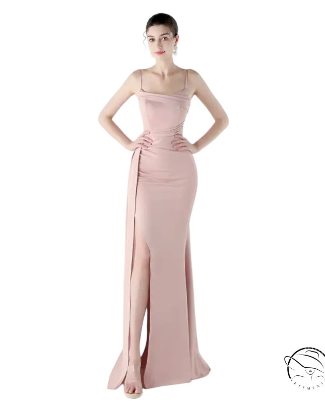 Elegant blush-pink satin langry evening dress with high slit