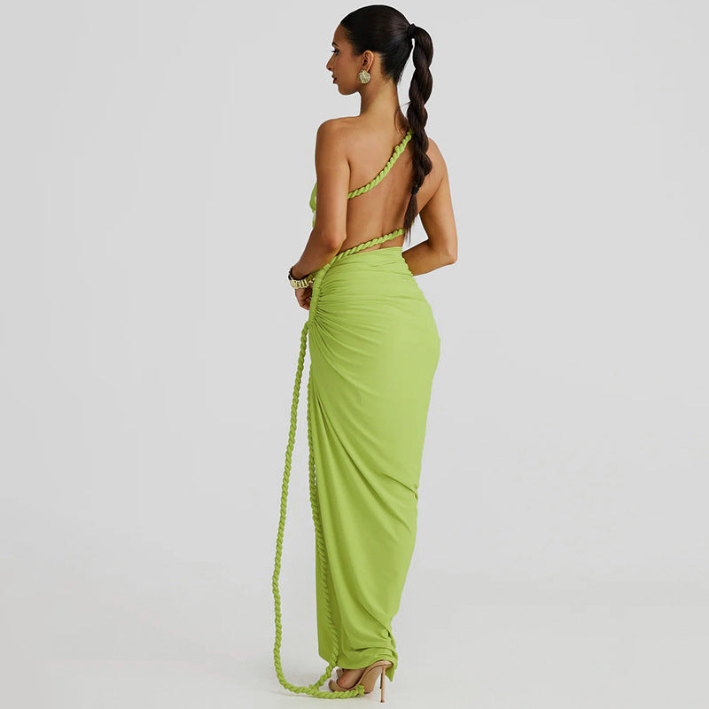 Lime green one-shoulder dress featuring stunning cutout lace and pleated design for fashion