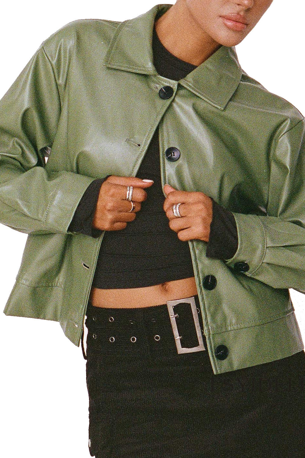 Langry olive green faux leather jacket with black accents