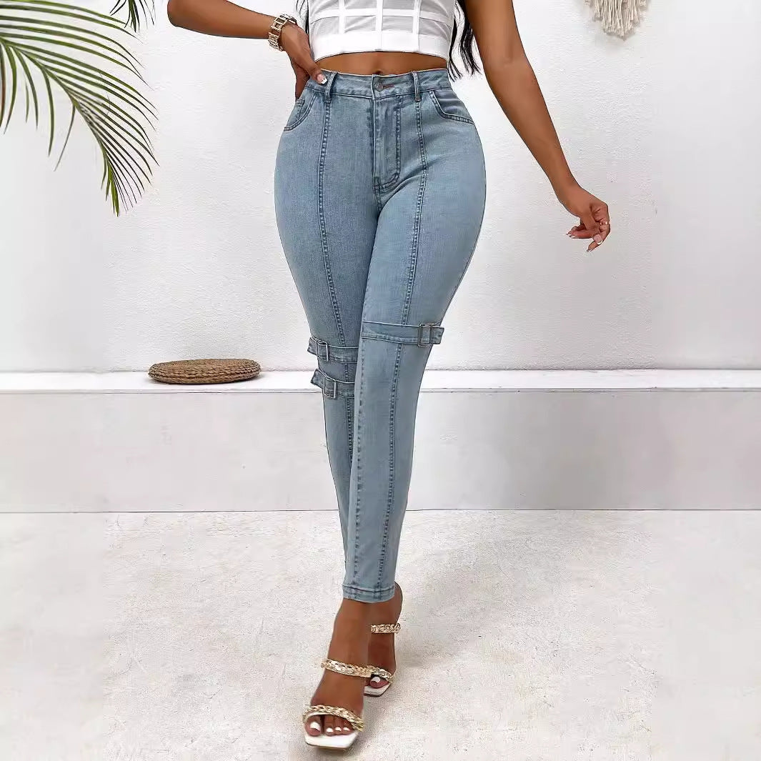 Light blue denim high elastic skinny jeans with buckle details for a sleek look