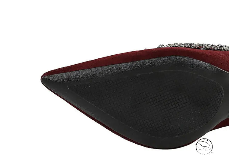 Burgundy velvet Rhinestone Cocktail Stiletto Heel with rhinestones and textured sole in langry fashion