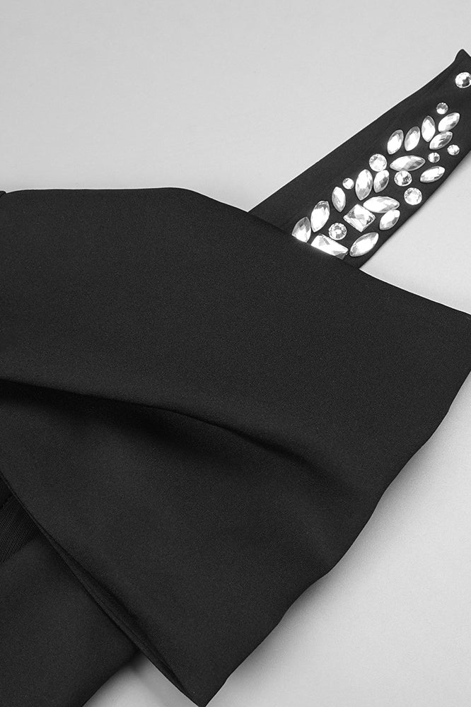Black Rhinestone Maxi Dress featuring crystal-embellished shoulder strap, elegant fashion choice
