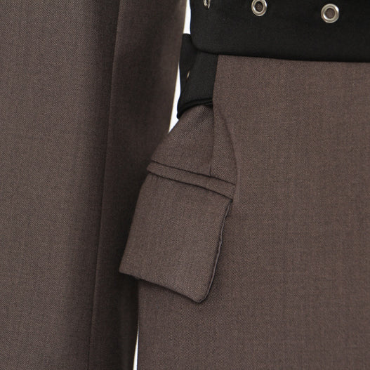 Brown cargo pants with black belt paired with Langry fashion Double Belt Deconstruction Blazer Tops