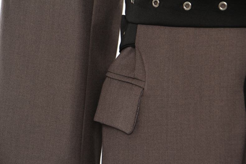 Brown cargo pants with black belt paired with Langry fashion Double Belt Deconstruction Blazer Tops