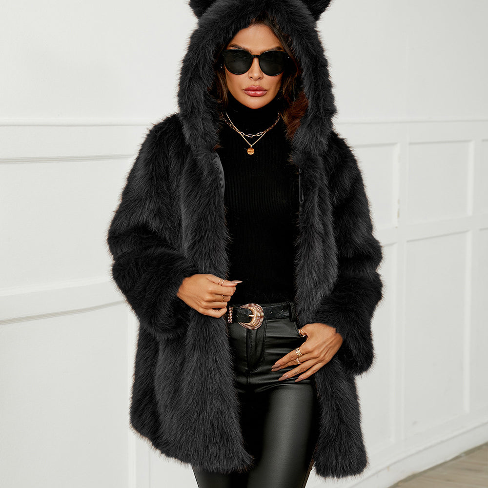 Langry black cat ear faux fur hooded fashion coat