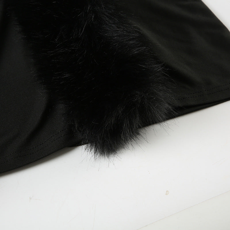 Elegant black fabric with luxurious fur trim from Langry fashion collection, ملابس