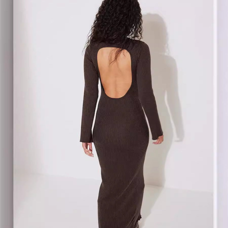 Elegant long-sleeved brown backless woolen knitted dress highlighting langry fashion style and ملابس