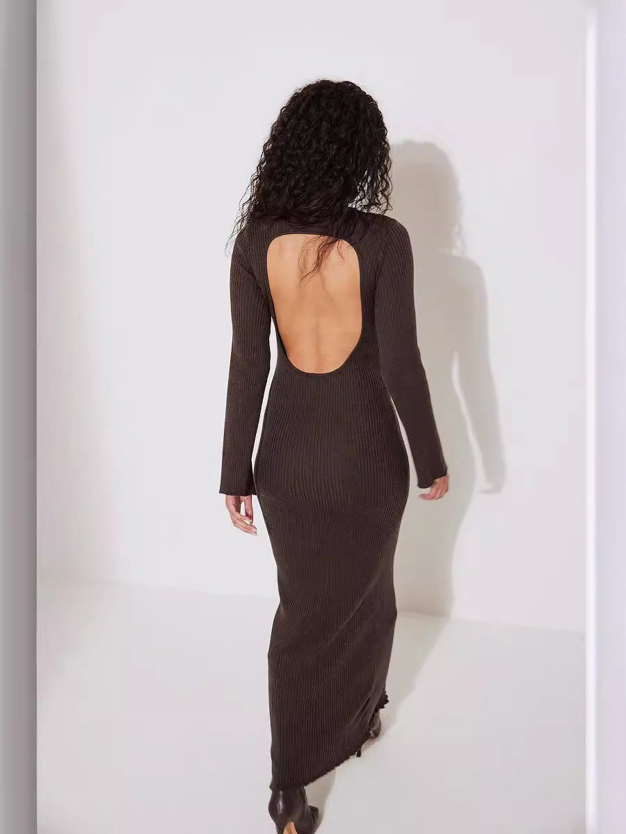 Elegant long-sleeved brown backless woolen knitted dress highlighting langry fashion style and ملابس