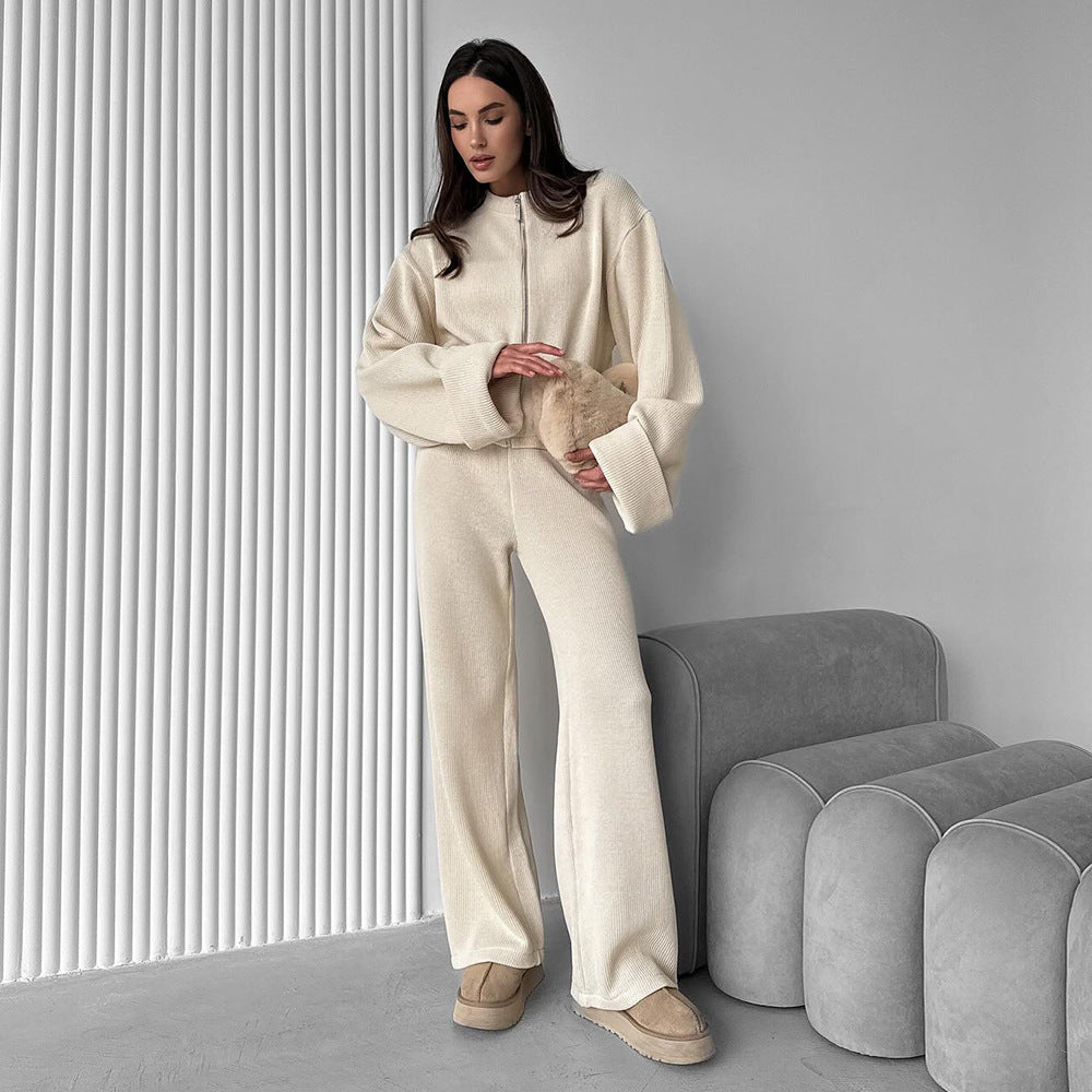 Cream-colored enchanting knitted langry fashion tracksuit with wide-leg trousers