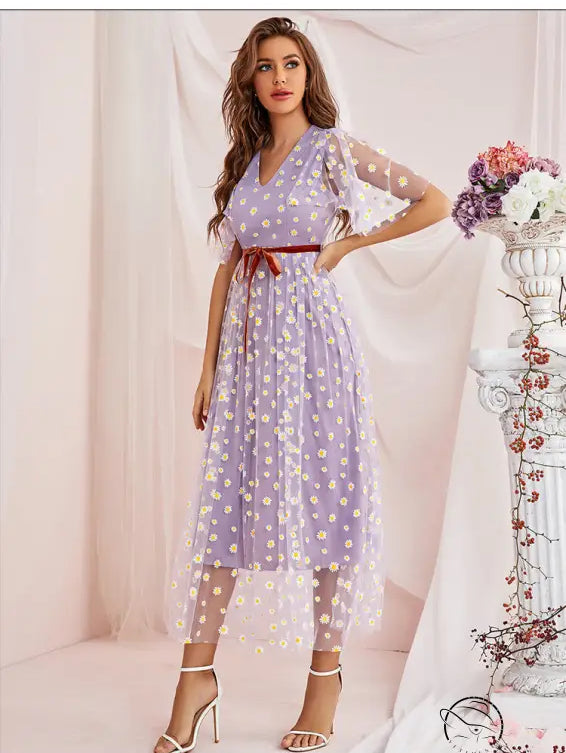 Enchanting langry fashion lavender floral midi dress with red belt