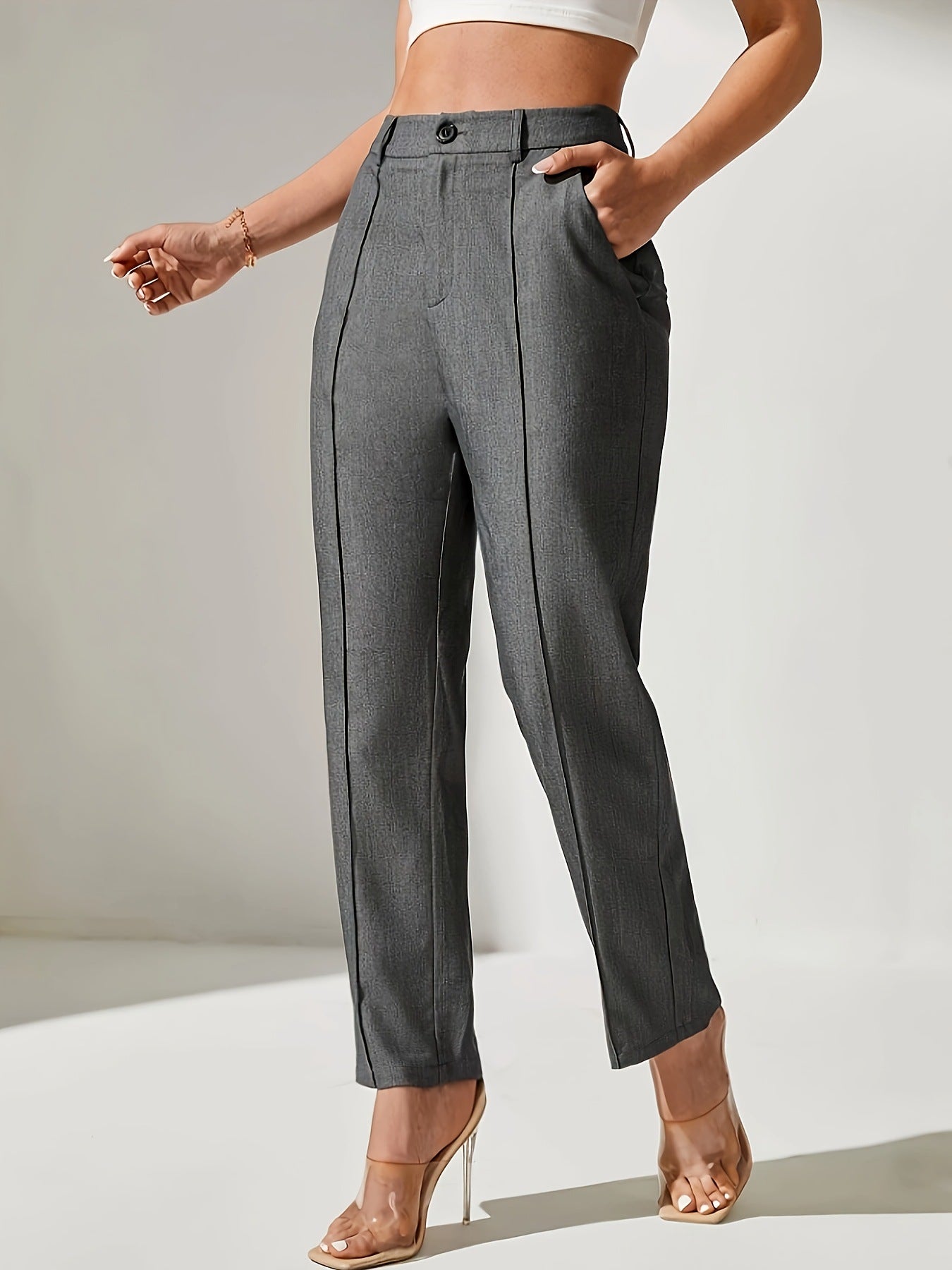High-waisted grey dress pants with pleats for women’s fashion and ملابس versatility