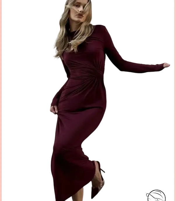 Sleek burgundy long-sleeved maxi dress with fitted draped waist
