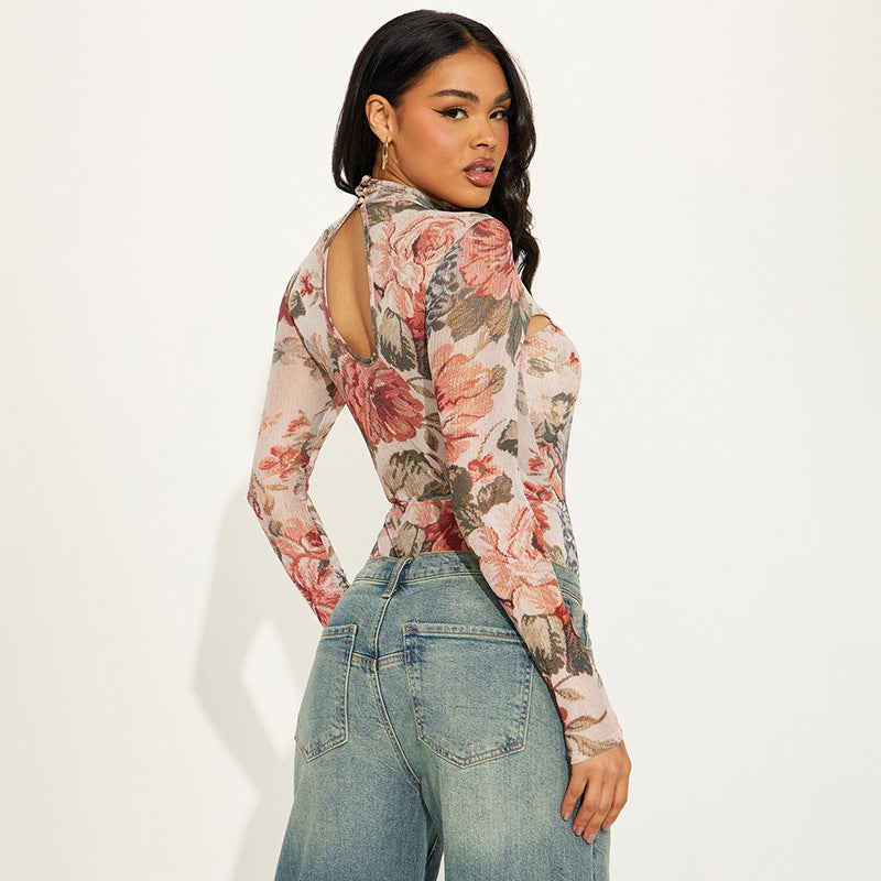 Floral print long-sleeve top from Floral Tight Hollow Out Cutout Corset collection