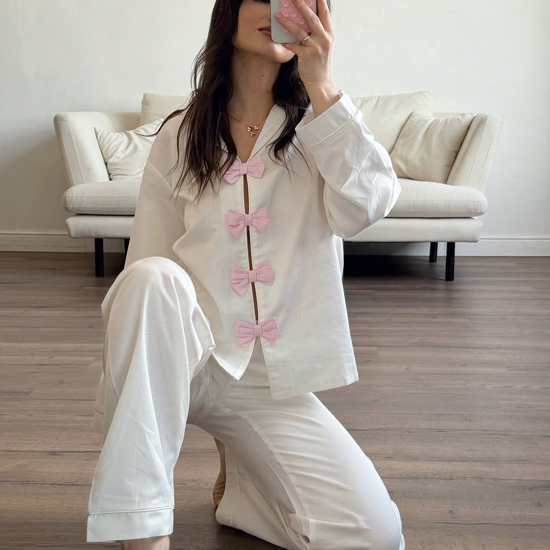 White and pink Langry fashion pajamas with bow polo collar and trousers