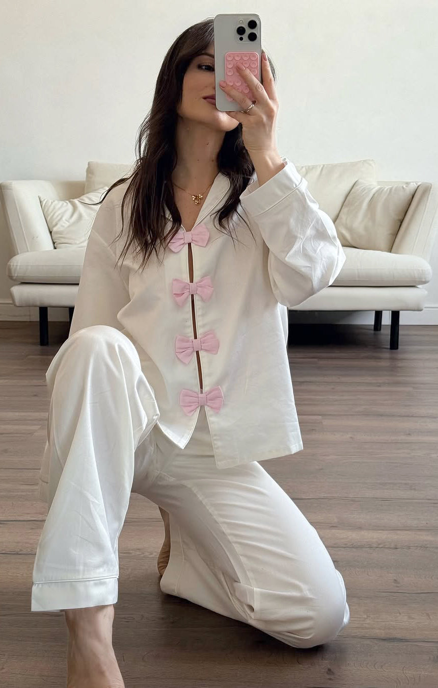 White and pink Langry fashion pajamas with bow polo collar and trousers