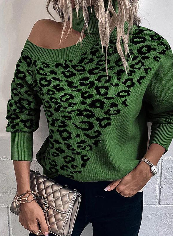 Green langry leopard print off-shoulder fashion sweater