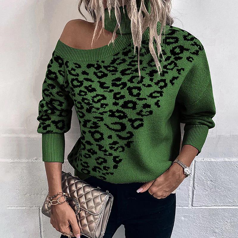 Green langry leopard print off-shoulder fashion sweater