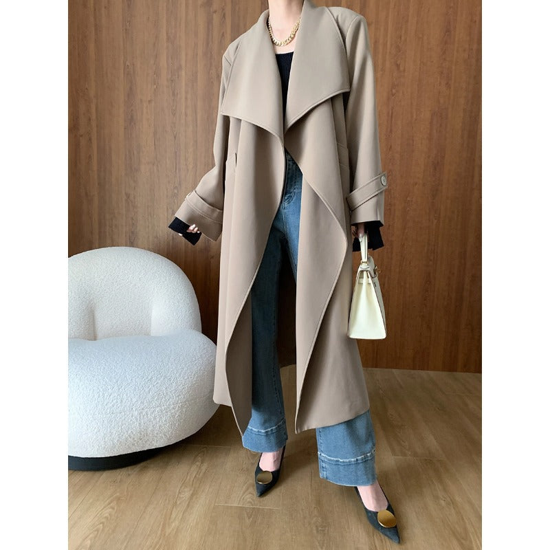 Cozy Long High End Coat in beige trench style, perfect for langry fashion and ملابس
