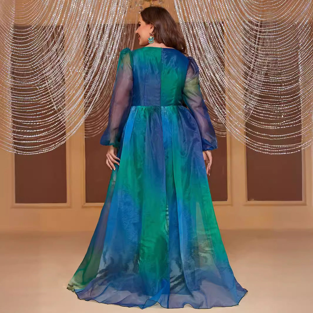 Elegant ombré blue and green sheer maxi dress with full sleeves, perfect for fashionable ملابس