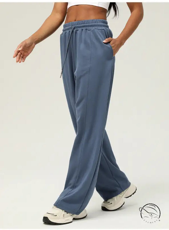 Blue-gray casual fitness yoga pants with elastic waistband and straight legs