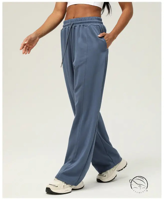 Blue-gray casual fitness yoga pants with elastic waistband and straight legs