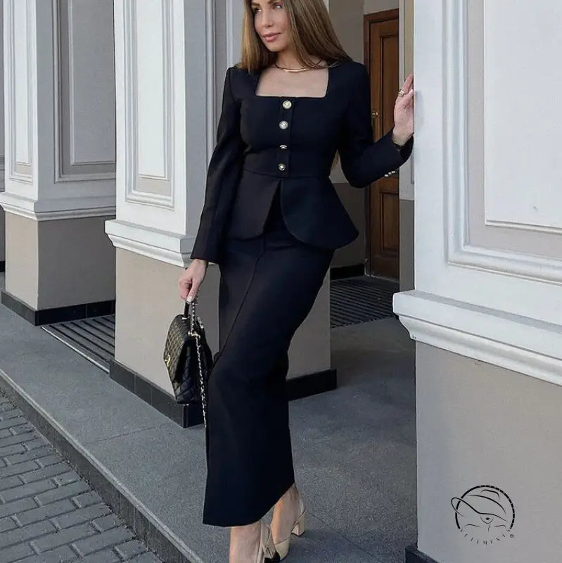 Women Square Collar Long Sleeve Cardigan Top Package Hip Skirt Two Piece Set