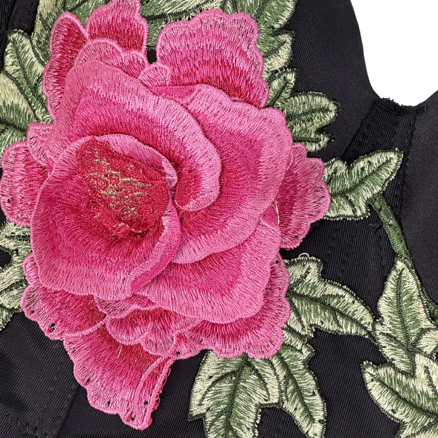 Pink rose embroidered patch on Langry fashion black corset fabric