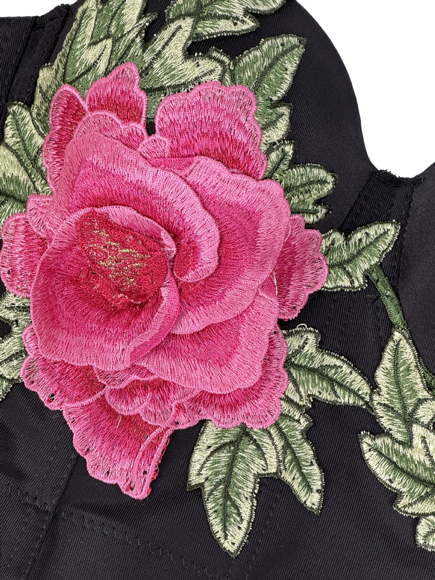 Pink rose embroidered patch on Langry fashion black corset fabric