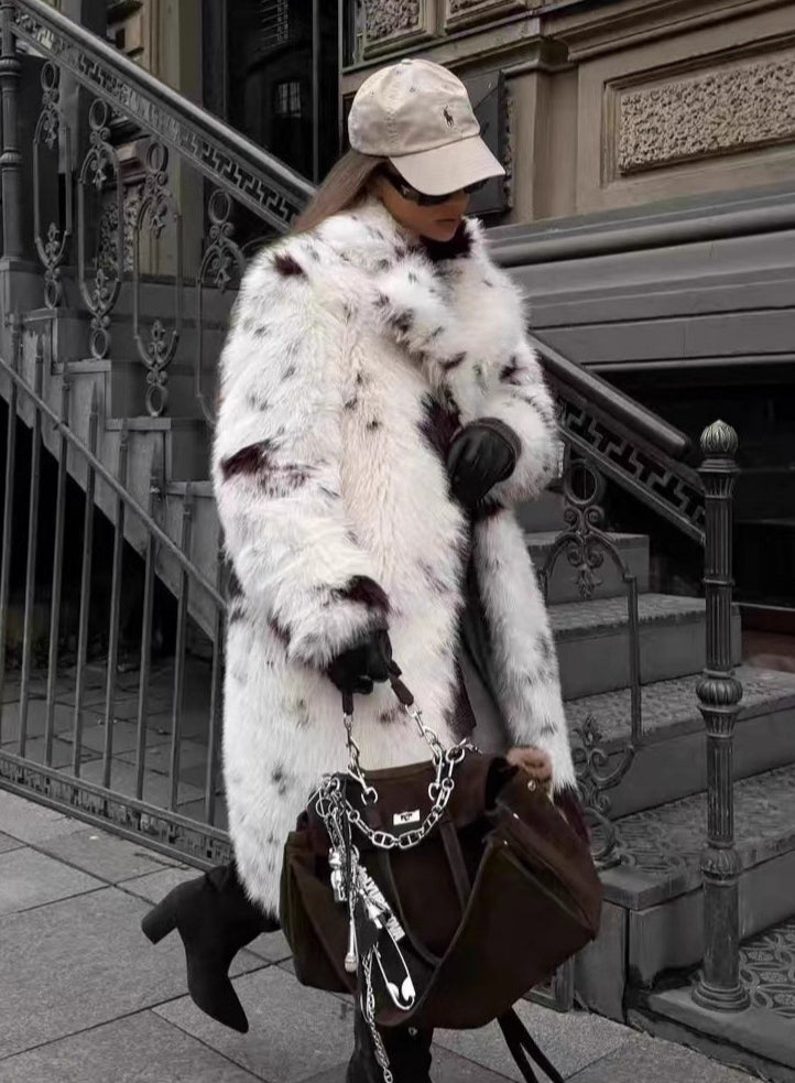 Cozy faux fur long coat with black and white spots, oversized fashion design