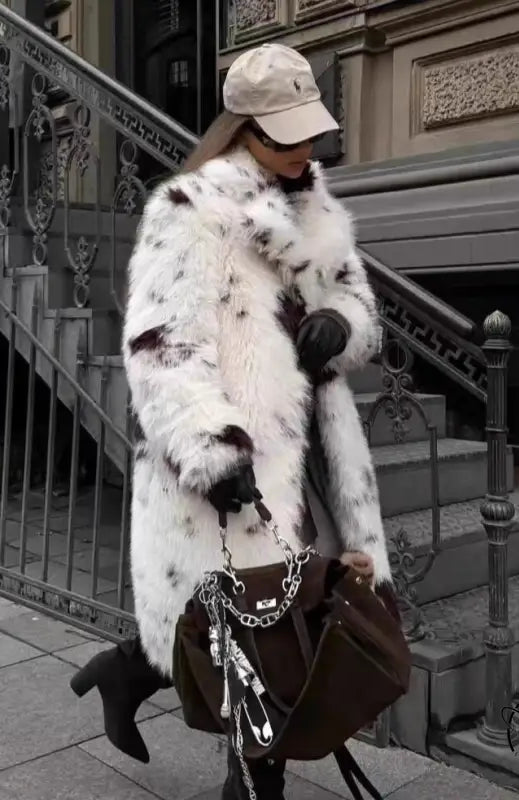 Cozy faux fur long coat with black and white spots, oversized fashion design