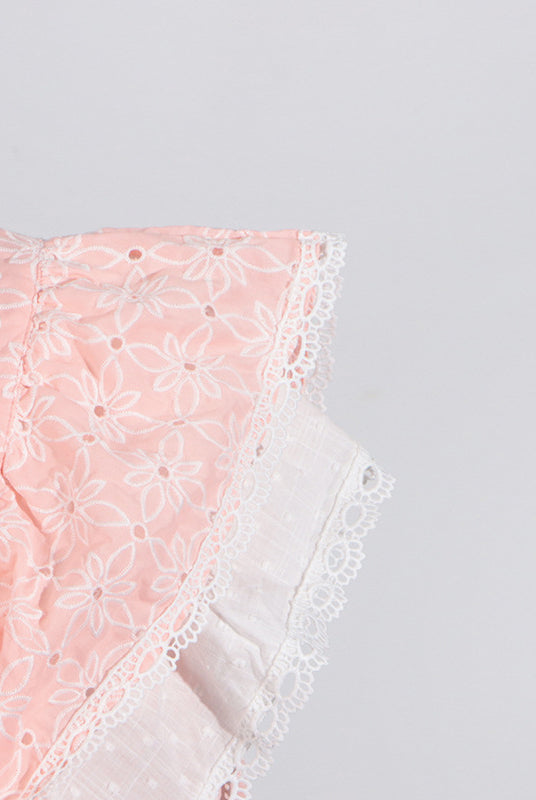 Pink floral eyelet dress with white lace trim, stand collar, fashionable summer style